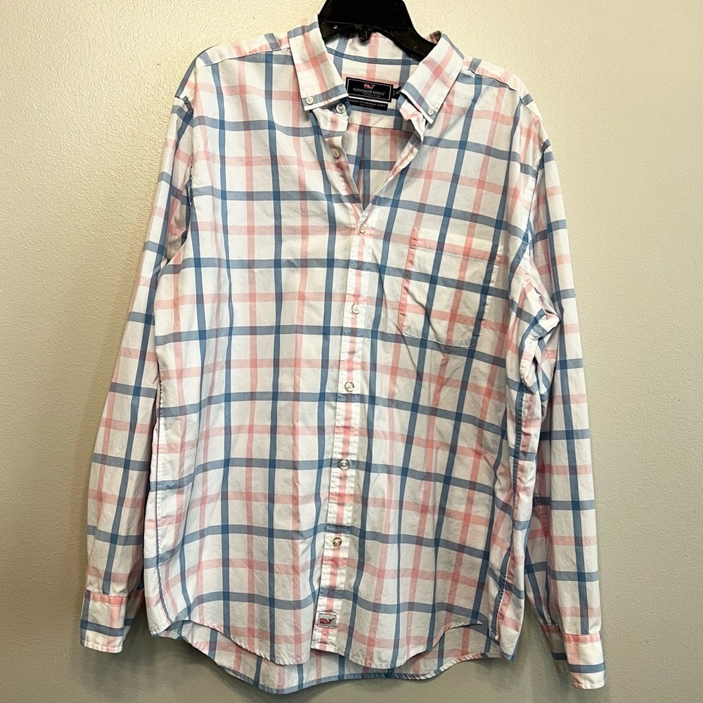 Vineyard Vines‎ Mens XL Murray Plaid Cotton Button Down Dress Shirt Blue Pink